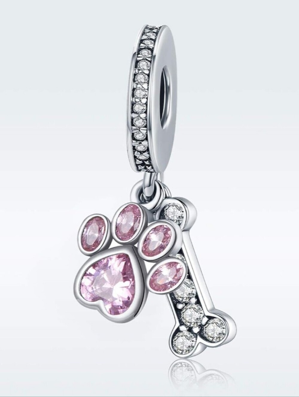 Pink Paw & Bone Dangle Charm - Silver Tone Pet Jewelry
